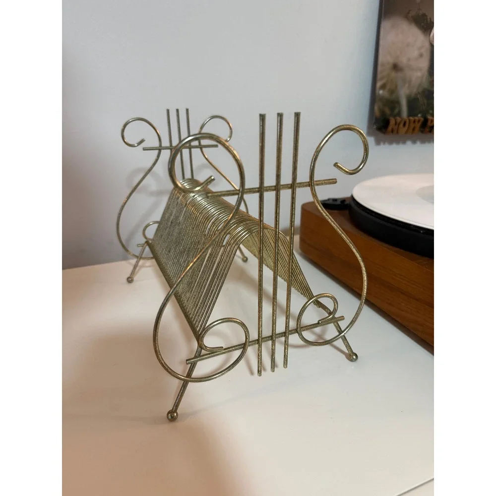 Vintage 1950s Gold Wire Vinyl Record Holder Mid Century LP Rack